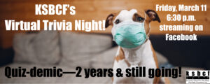 Photo of a dog wearing a mask with a description of the trivia night around it